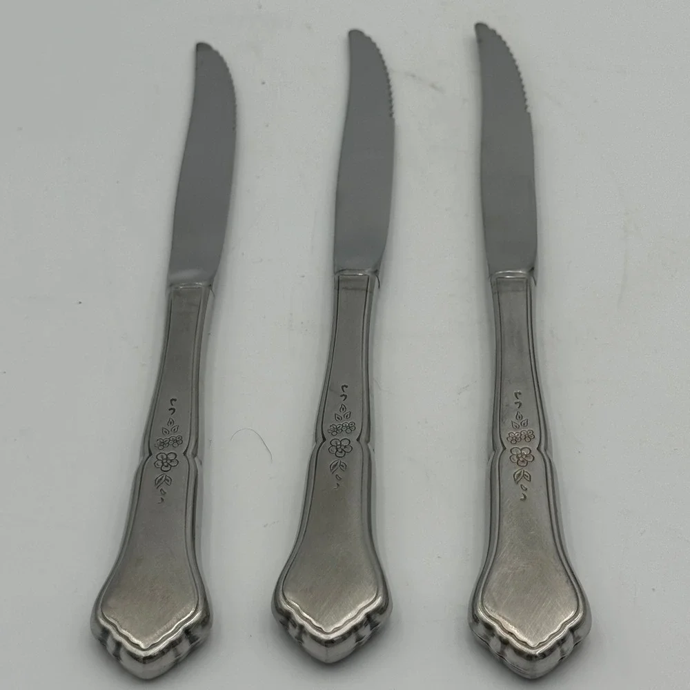 Vintage Stainless Steel Floral Etched Dinner Knives Set of 3 Serrated 9 Inch